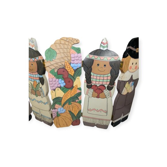 Vintage Hand Painted Thanksgiving Figures Foldable Wooden 5 Panel - Picture 3 of 11